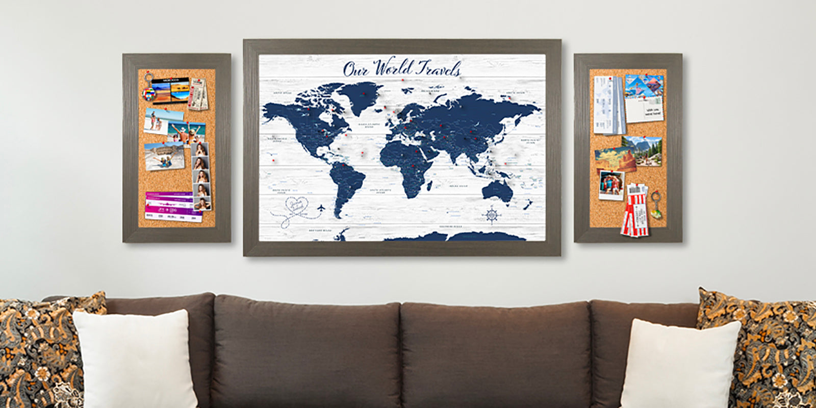 Create a Travel Wall, Anniversary World Map with Cork Memo Board Accents