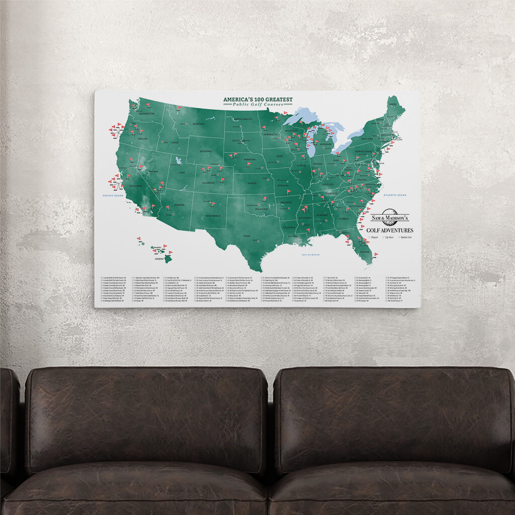 Gallery Wrapped Canvas Map of America's Top 100 Public Golf Courses - 24 inches by 36 inches