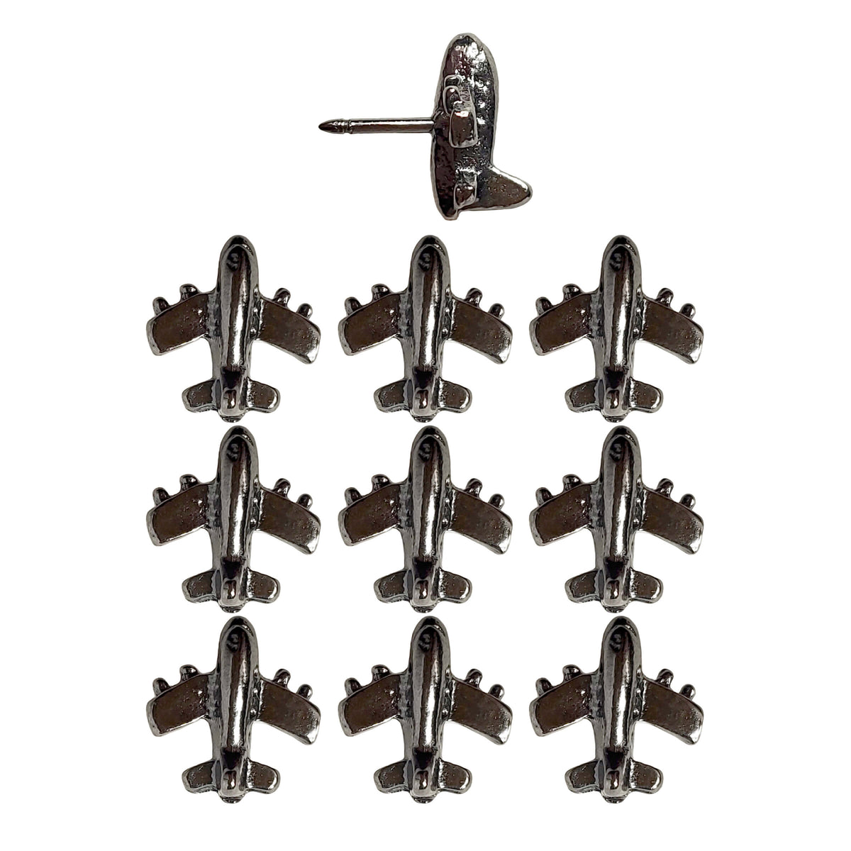 Set of 10 - Gunmetal Silver Metal Airplane Push Pins