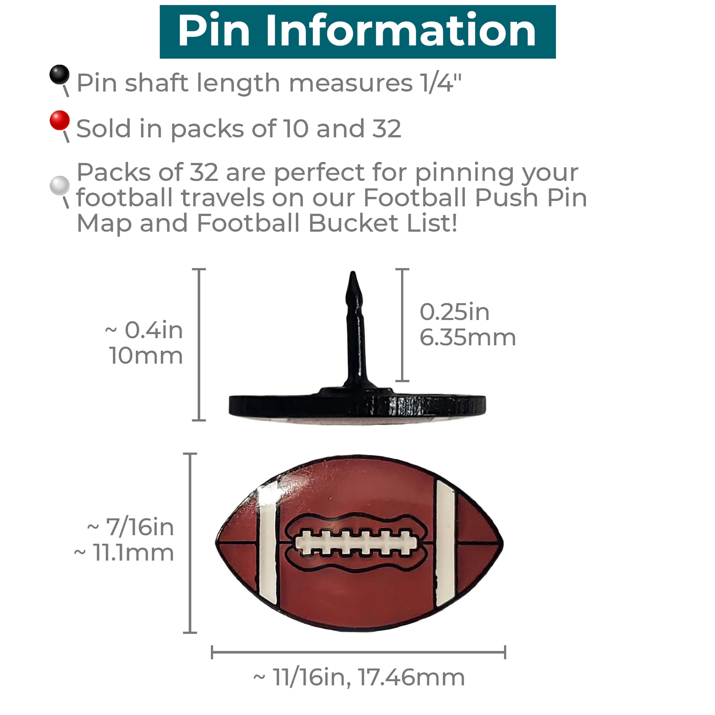 Dimensions of Football Shaped Push Pins