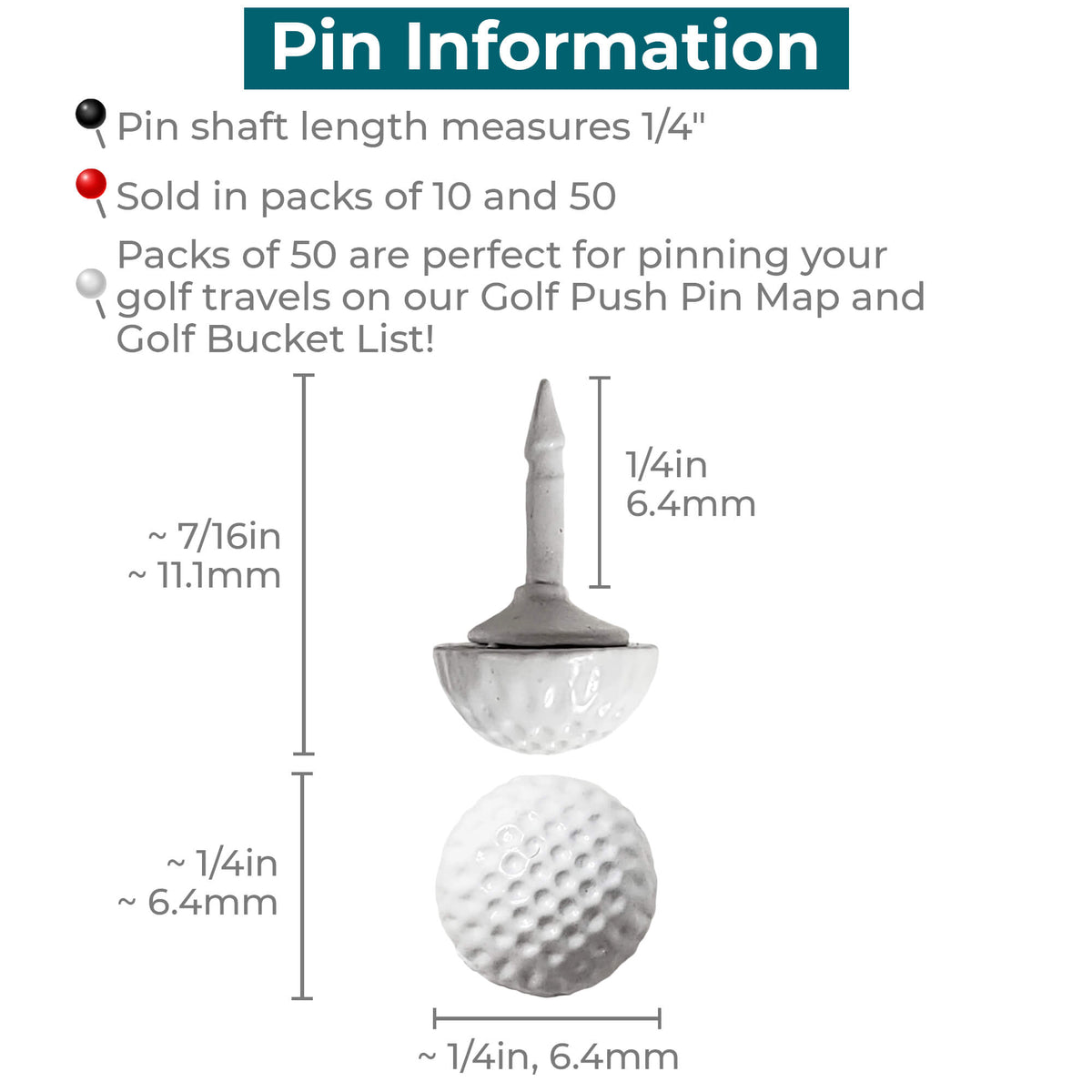 Golf Ball Cast Metal Push Pins - Set of 10 or 50