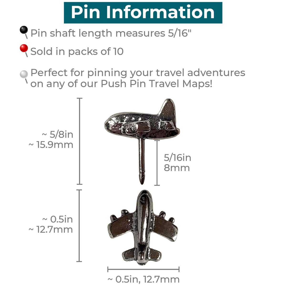 Dimensions of Gunmetal Silver Airplane Push Pin Tacks
