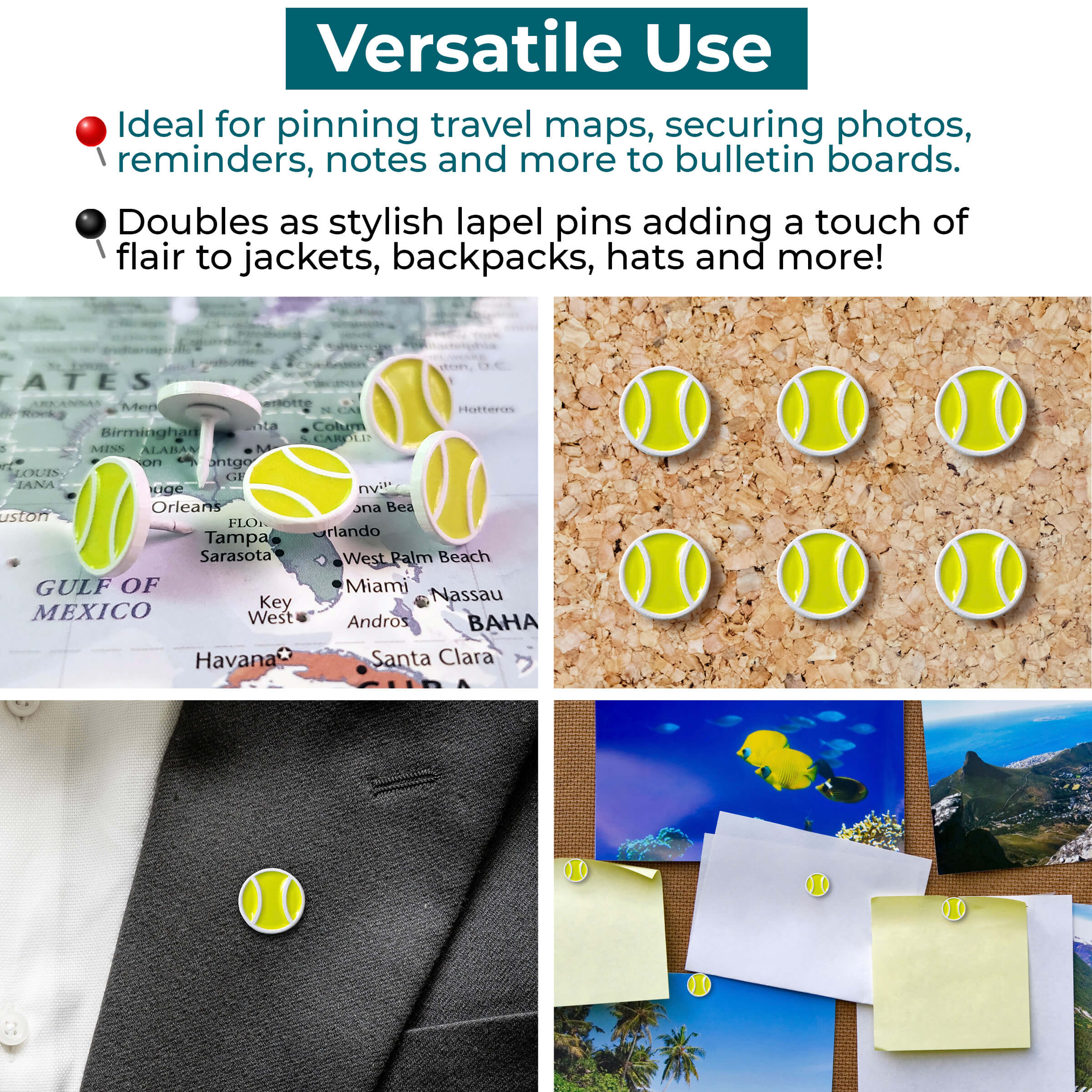 Tennis Ball Push Pins - Set of 10 or 32