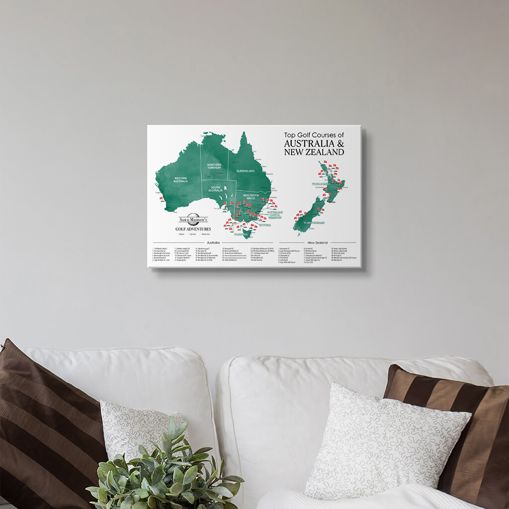 Top Golf Courses of Australia and New Zealand Gallery Wrapped Canvas Map in 16x24 size