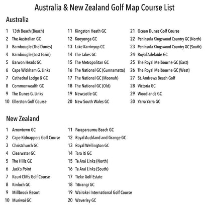 Closeup of Golf Courses List on Australia and New Zealand Golf Map