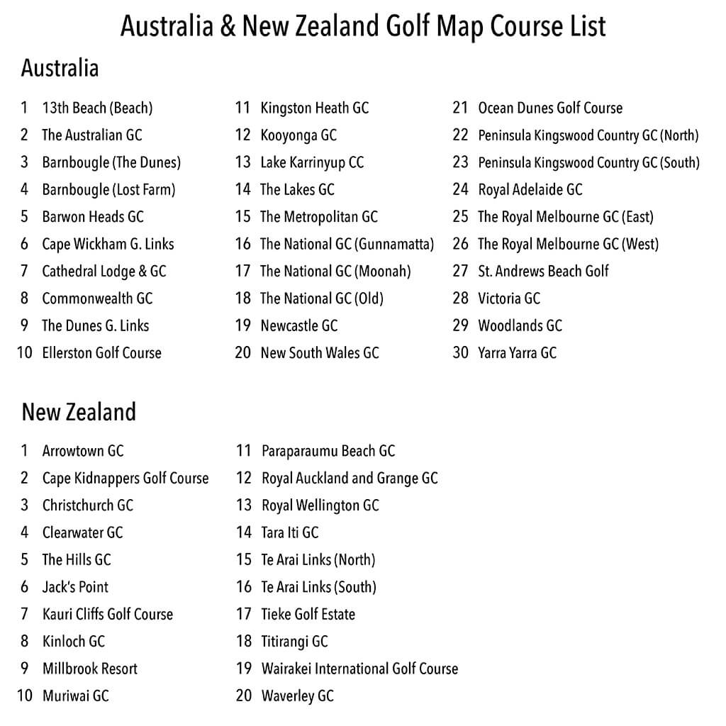 List of top 50 Golf Courses on Australia and New Zealand's Top Golf Courses Travel Map