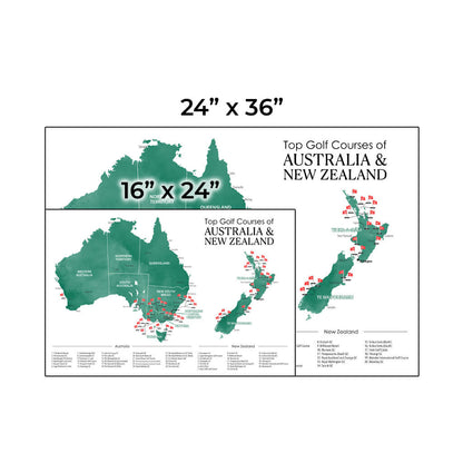 Size Comparison of Australia and New Zealand's Top Golf Courses Map - Available in a 16" x 24" or 24" X 36" Size, Horizontal Layout