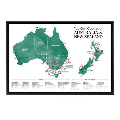 Gallery Wrapped Canvas Top Golf Courses of Australia and New Zealand Map in Black Float Frame in 24" x 36" size