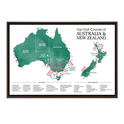 Gallery Wrapped Canvas Top Golf Courses of Australia and New Zealand Map in Brown Float Frame in 24" x 36" size