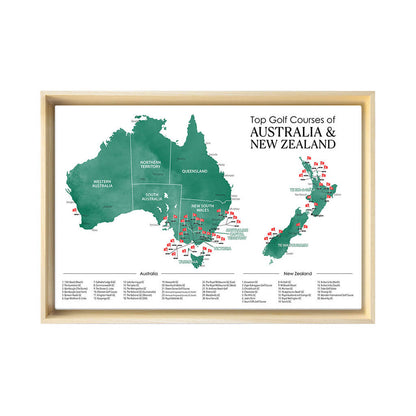 Gallery Wrapped Canvas Top Golf Courses of Australia and New Zealand  Map in Natural Tan Float Frame in 16" x 24" size