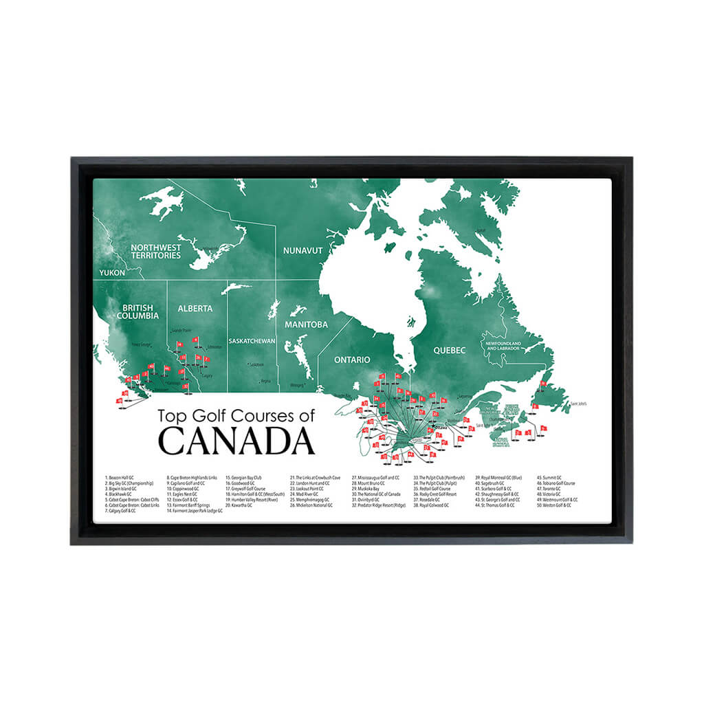 Gallery Wrapped Canvas Top Golf Courses of Canada Map in Black Float Frame in 16" x 24" size