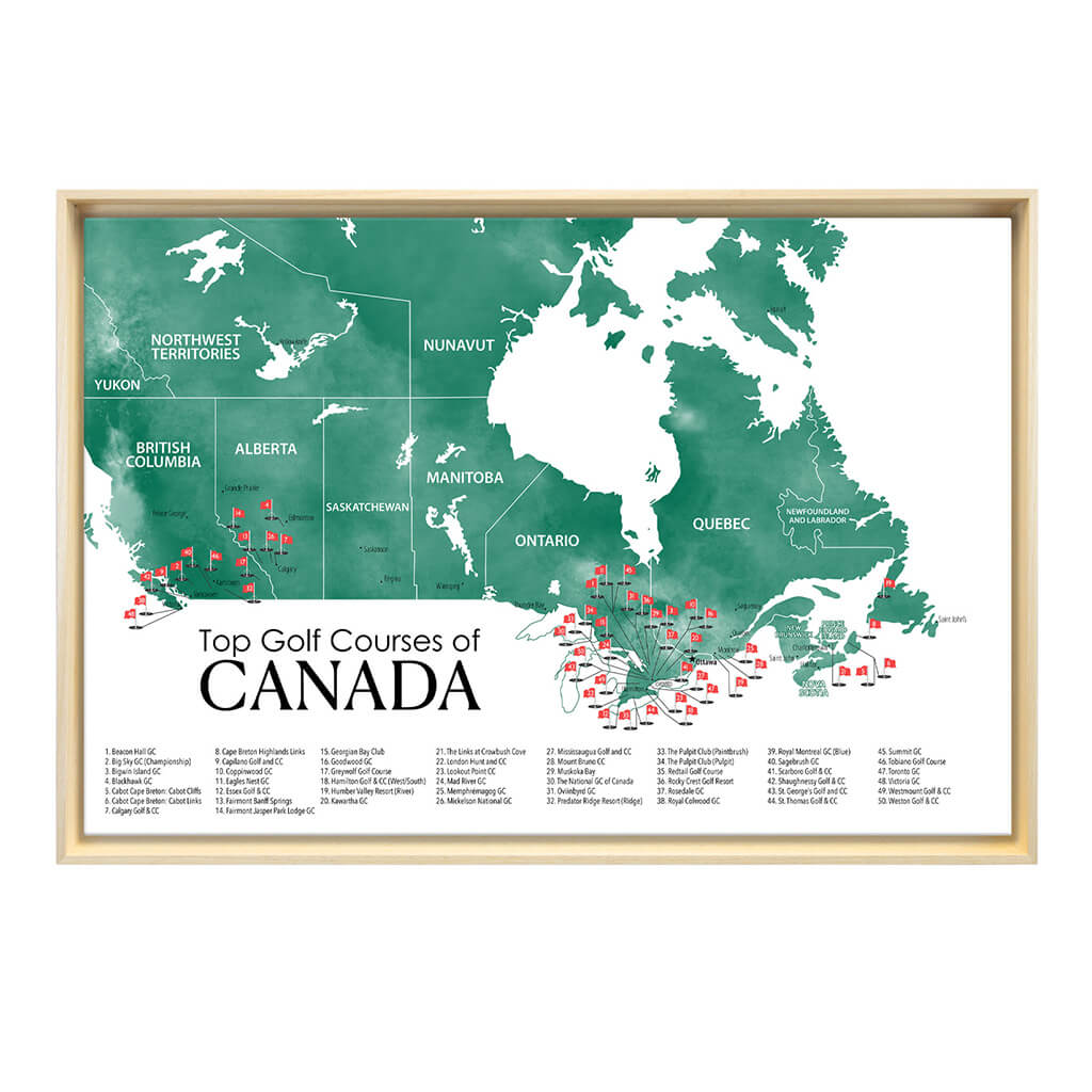 Gallery Wrapped Canvas Top Golf Courses of Canada Map in Natural Float Frame in 24" x 36" size