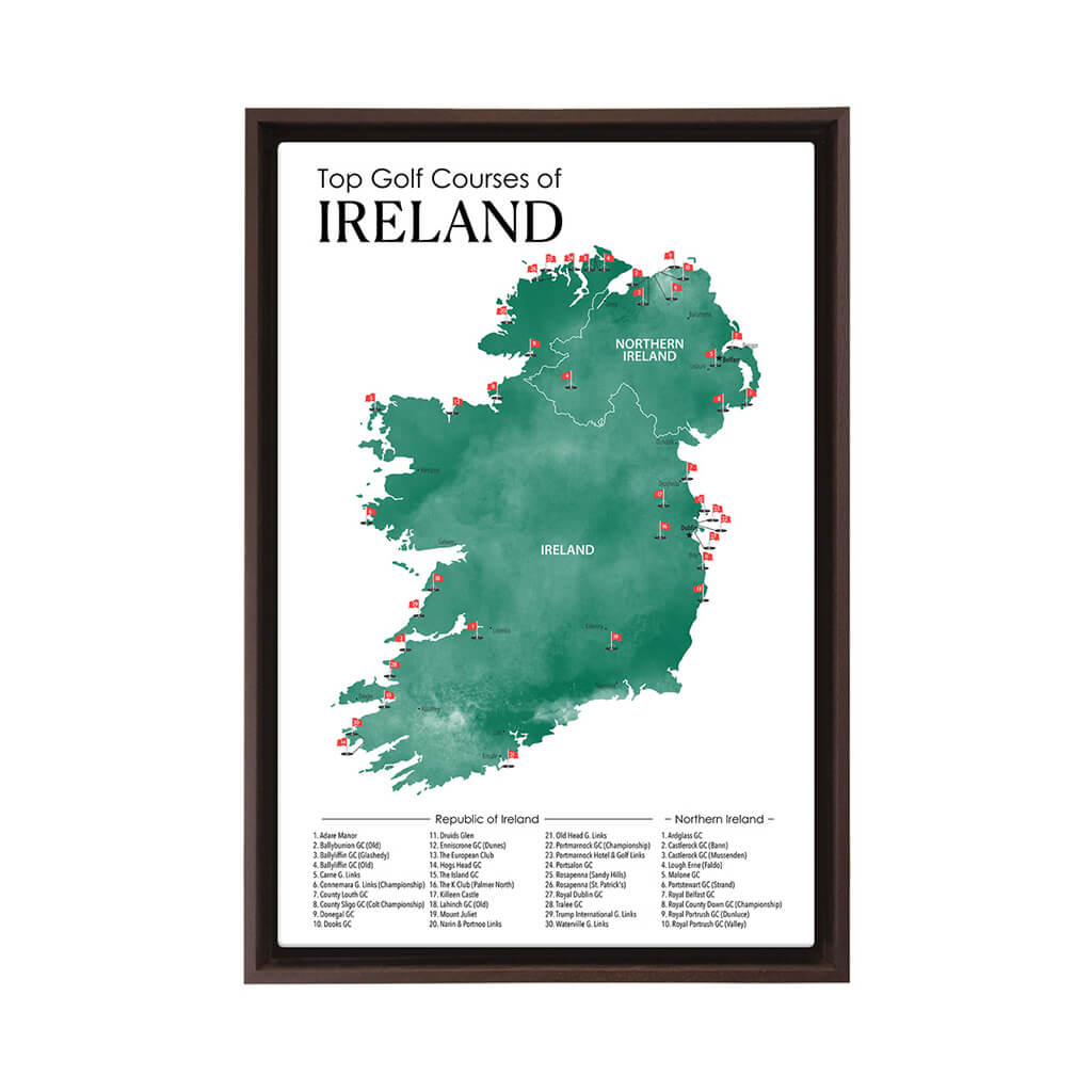 Gallery Wrapped Canvas Top Golf Courses of Ireland Map in Brown Float Frame in 16" x 24" size