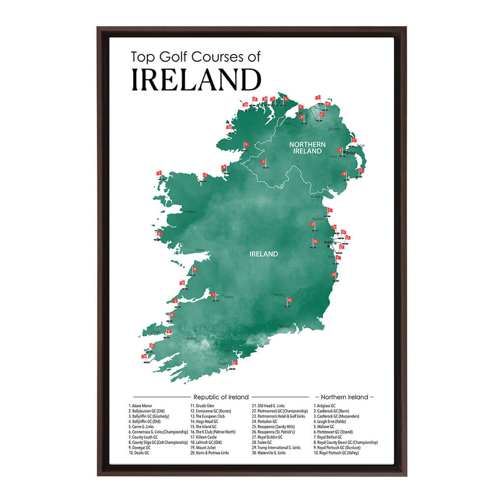 Gallery Wrapped Canvas Top Golf Courses of Ireland Map in Brown Float Frame in 24" x 36" size