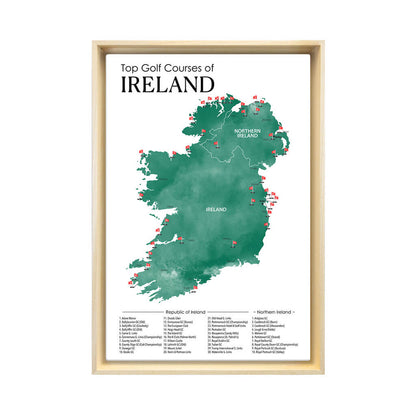 Gallery Wrapped Canvas Top Golf Courses of Ireland Map in Natural Tan Float Frame in 16" x 24" size