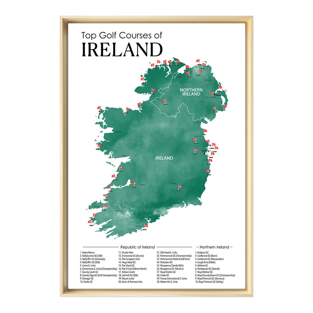 Gallery Wrapped Canvas Top Golf Courses of Ireland Map in Natural Float Frame in 24" x 36" size