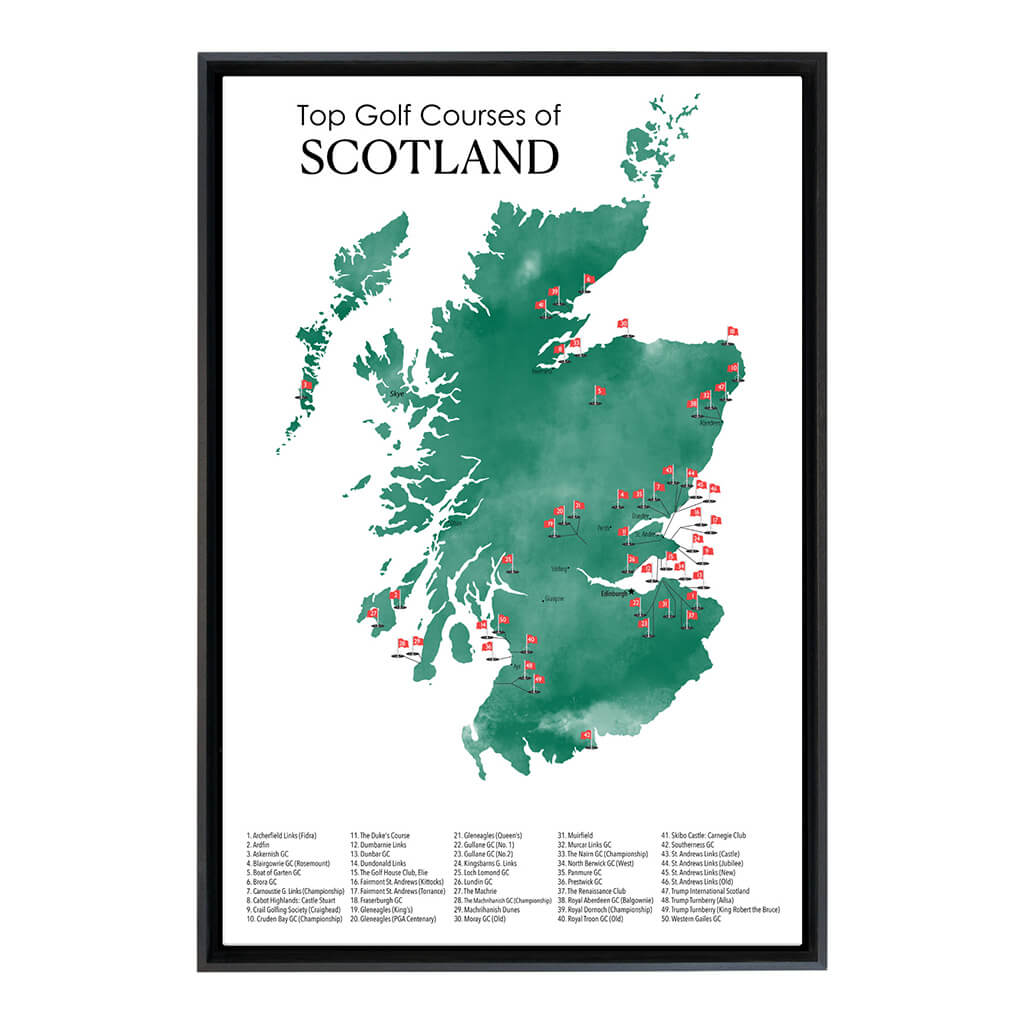 Gallery Wrapped Canvas Top Golf Courses of Scotland Map in Black Float Frame in 24" x 36" size