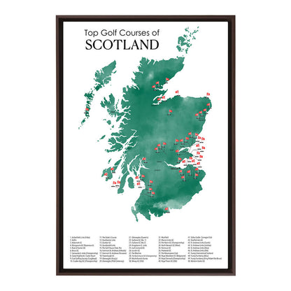 Gallery Wrapped Canvas Top Golf Courses of Scotland Map in Brown Float Frame in 24" x 36" size