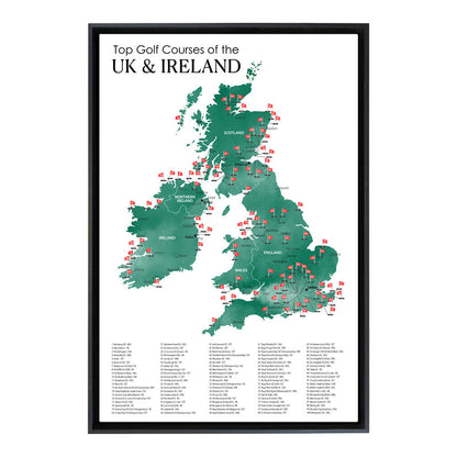 Gallery Wrapped Canvas Top Golf Courses of The UK and Ireland Map in Black Float Frame in 24" x 36" size