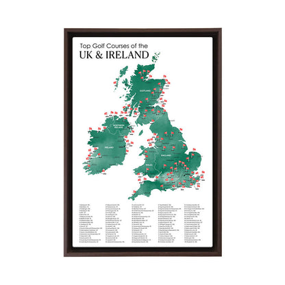 Gallery Wrapped Canvas Top Golf Courses of The UK and Ireland Map in Brown Float Frame in 16" x 24" size