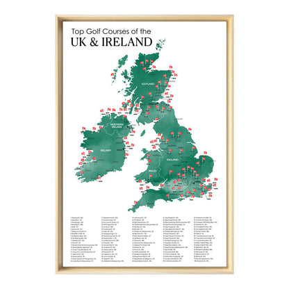 Gallery Wrapped Canvas Top Golf Courses of The UK and Ireland Map in Natural Float Frame in 24" x 36" size