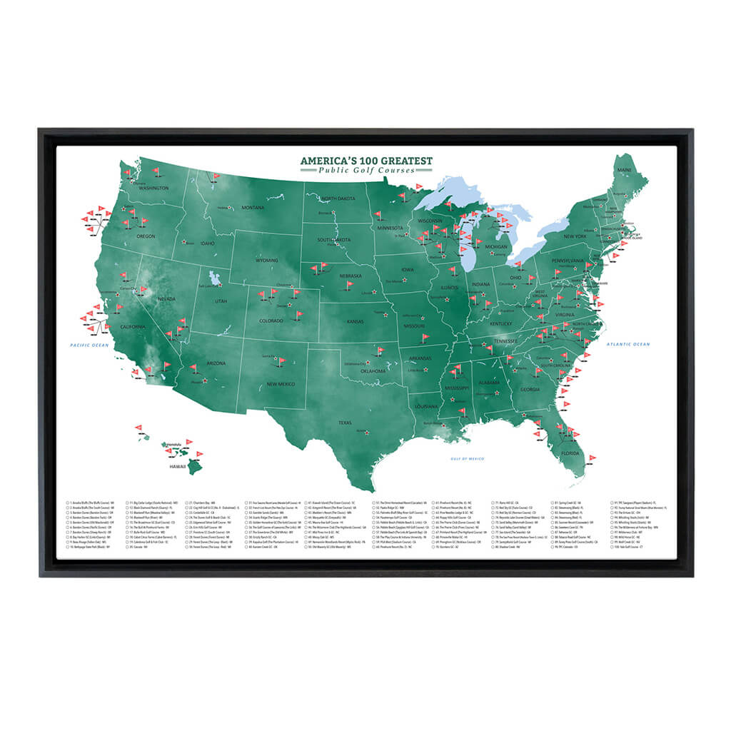 America's Top 100 Public Golf Courses Gallery Canvas Map in Optional Black Float Frame - 24" x 36" size