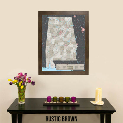 Earth Toned Alabama State Push Pin Travel Map in Rustic Brown Frame