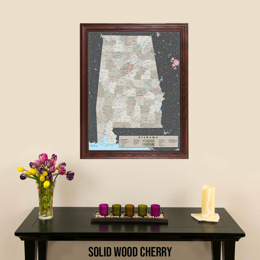 Earth Toned Alabama State Push Pin Travel Map in Solid Wood Cherry Frame