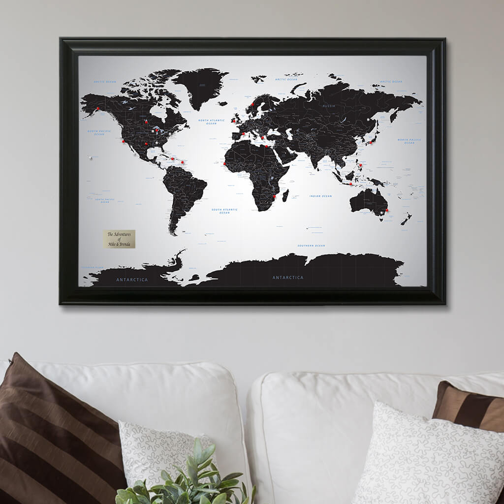 Black and White World Map | World Map for Pinning Travels – Push Pin ...