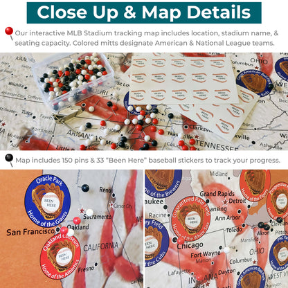 Baseball Adventures MLB Push Pin Travel Maps - Close up and Details