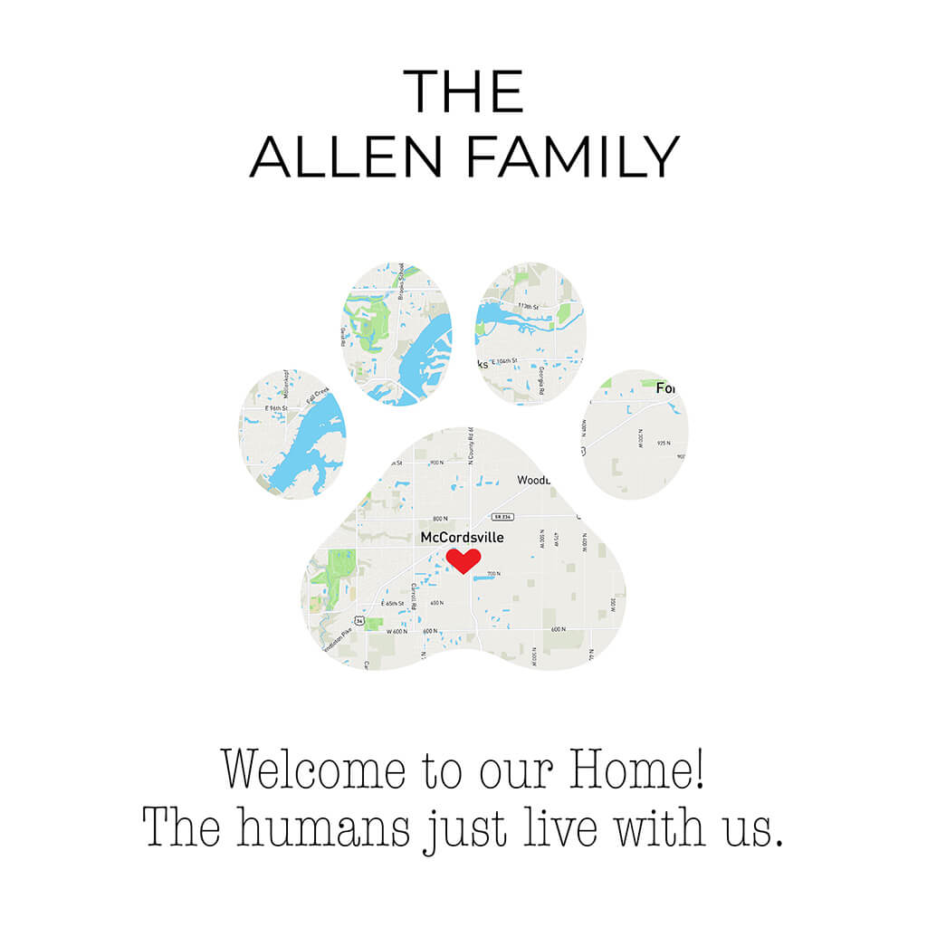 Full view of Personalized Cat Paw Print Map Art 