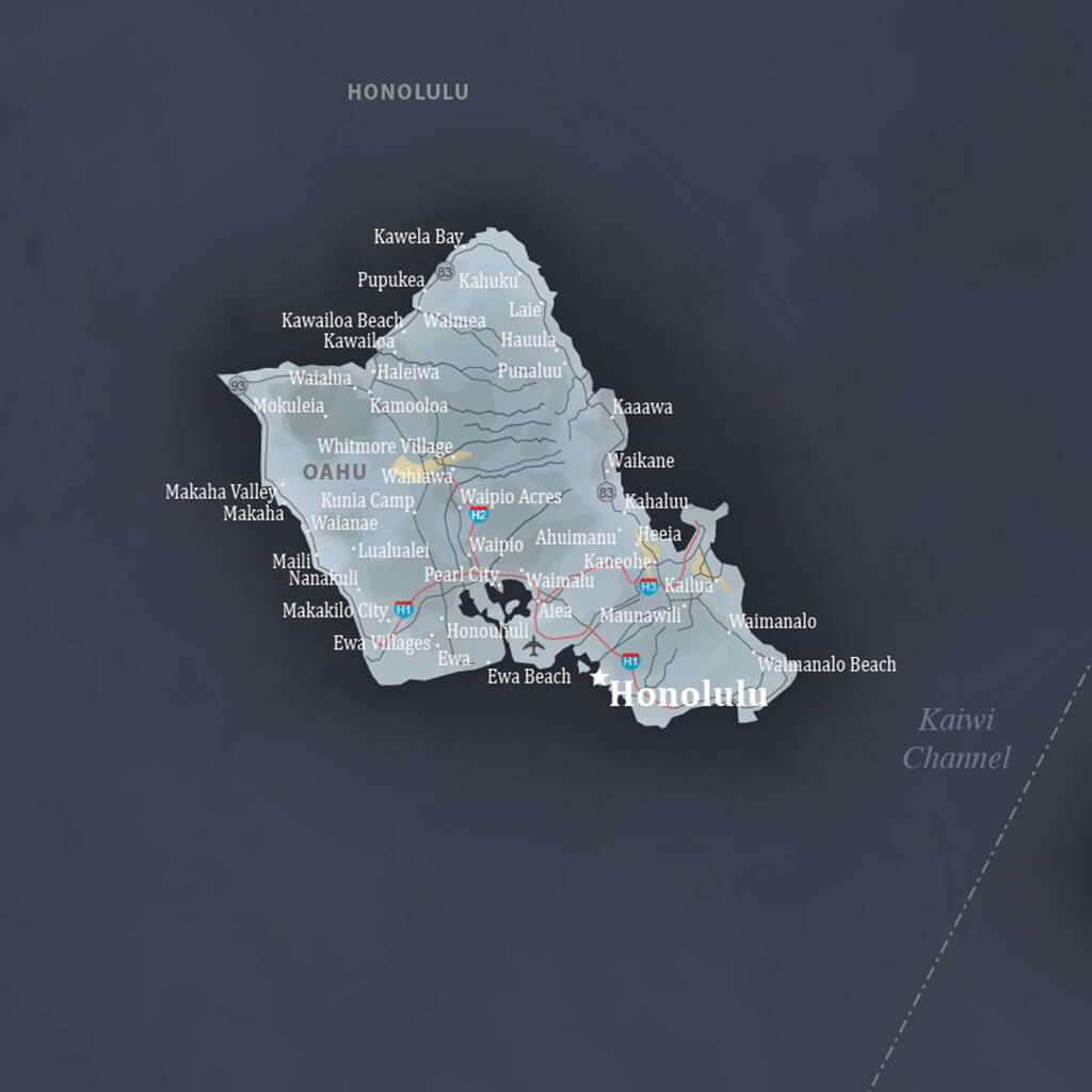 Closeup of OAHU on Framed Hawaii Slate Travel Map