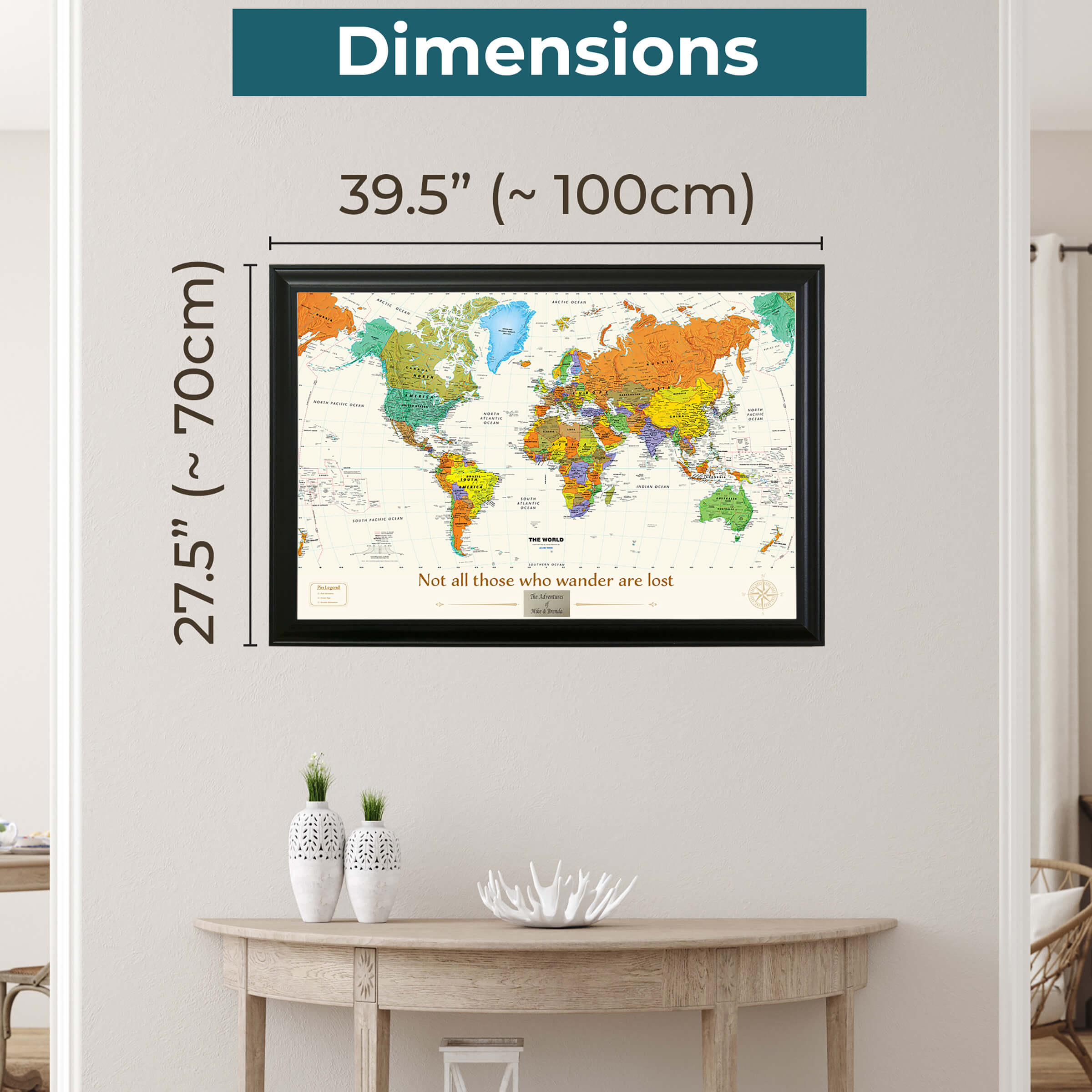 Contemporary Push Pin World Map Shown With Mahogany Frame on sale