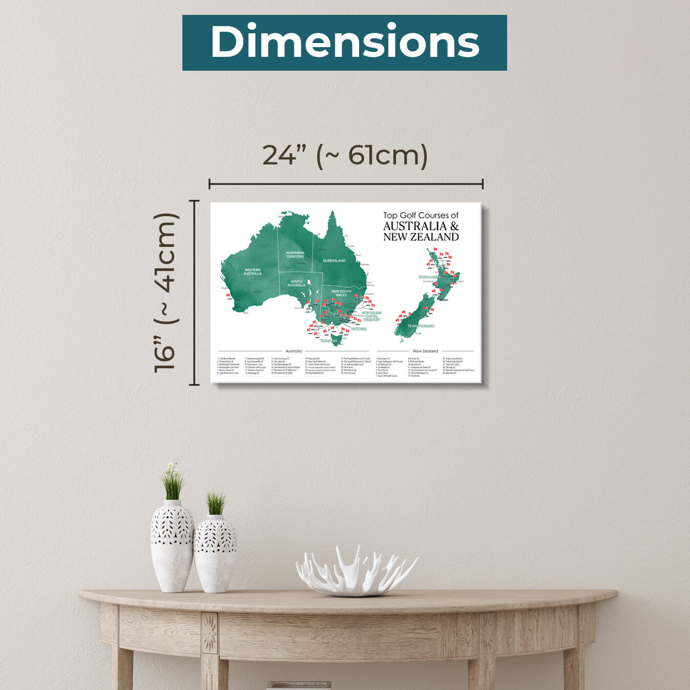 Gallery Wrapped Dimensions of 16" x 24" Size  Australia and New Zealand Golf Courses Map