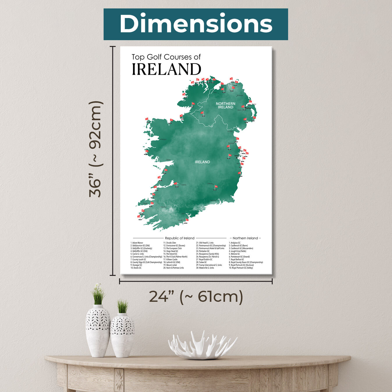 Gallery Wrapped Dimensions of 24" x 36" Size Ireland Golf Courses Map