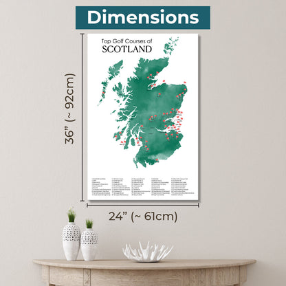 Gallery Wrapped Dimensions of 24" x 36" Size Scotland Golf Courses Map