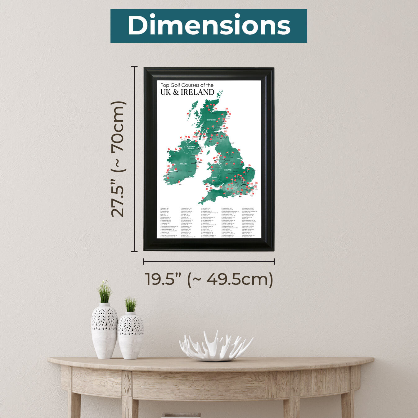 Framed Outer Dimensions for UK & Ireland Golf Map