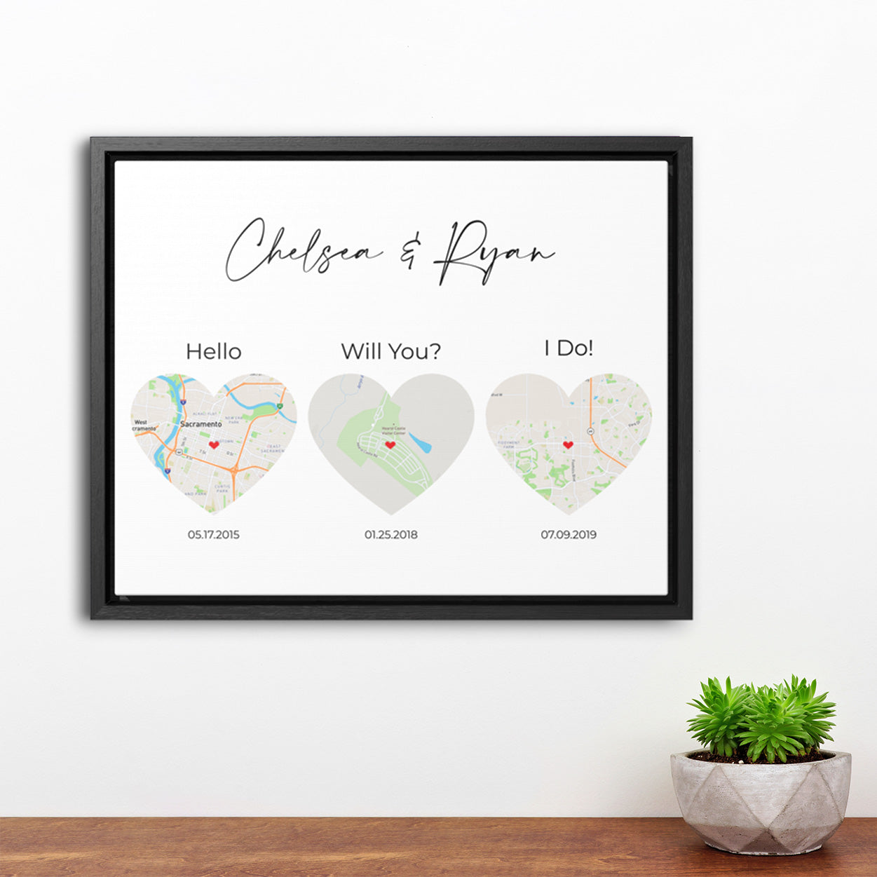 Hello, Will You, I Do Wall Art - 3 Heart Map Art - Where We Met Map - Option 1