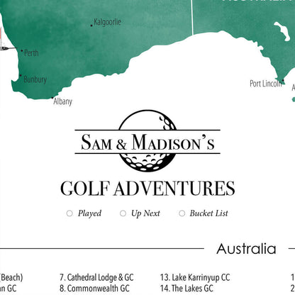 Closeup of Personalization Layout and Location on Australia and New Zealand Golf Course Map