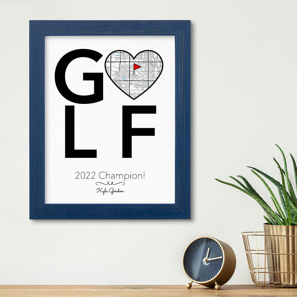 Custom Map Word Art - GOLF Map Art - Canvas Print in Carnival Blue Frame