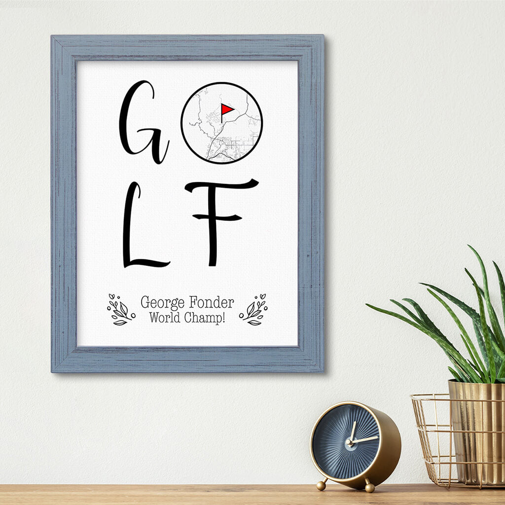 Custom Map Word Art - GOLF Map Art - Canvas Print in Carnival Gray Frame