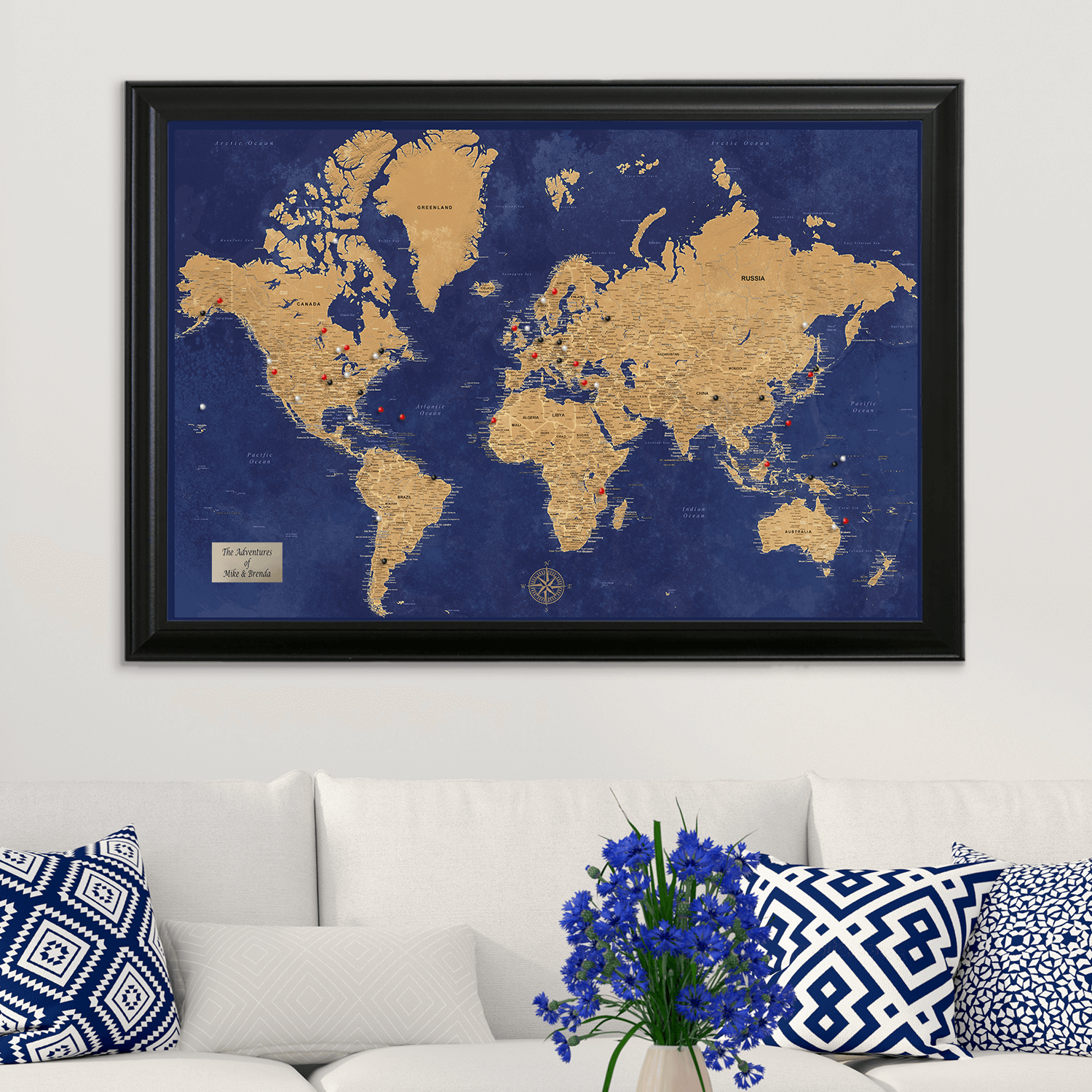Navy and Gold World Pin Map in Black Frame