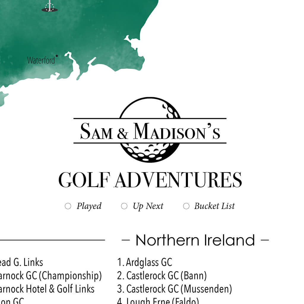 Closeup of Personalization Layout and Location on Ireland Golf Course Map