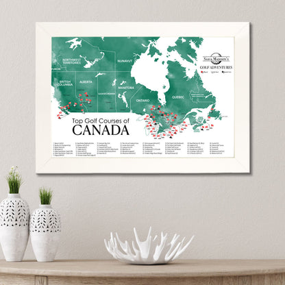 Top Golf Courses of Canada Canvas Push Pin Map in Textured White Frame