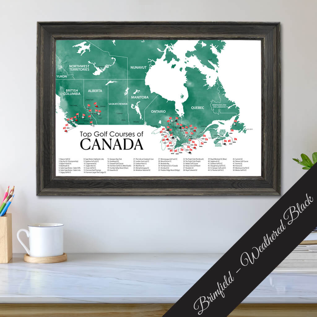 Top Golf Courses of Canada Canvas Push Pin Map in Premium Brimfield Black Frame