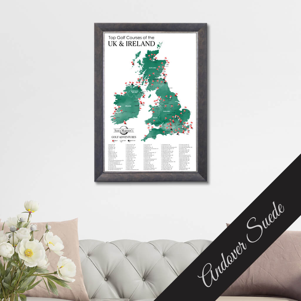 Canvas Map of Top Golf Courses of the UK & Ireland in Premium Andover Suede Frame