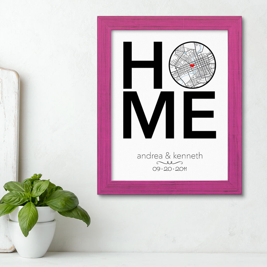Custom Map Word Art - HOME Map Art - Canvas Print in Carnival Pink Frame