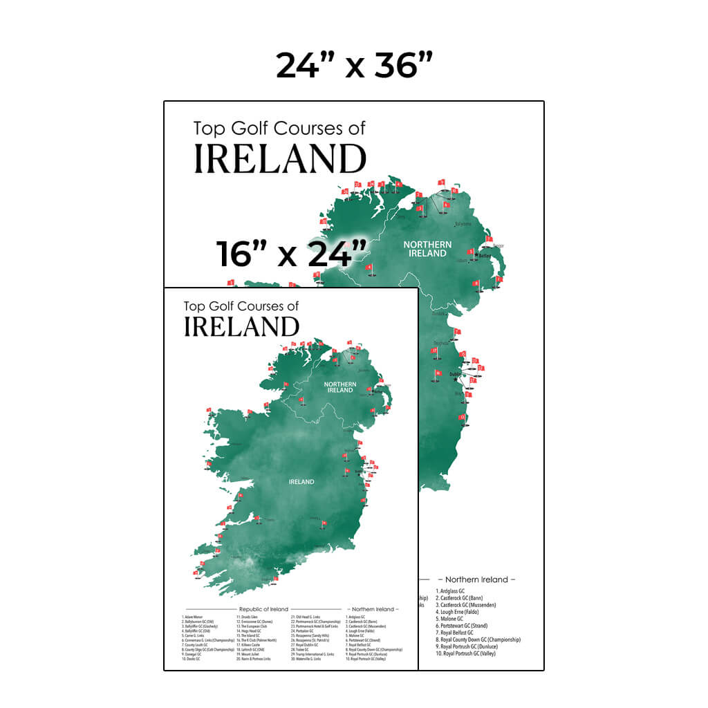 Size Comparison of Ireland's Top Golf Courses Map - Available in a 16" x 24" or 24" X 36" Size, Vertical Layout