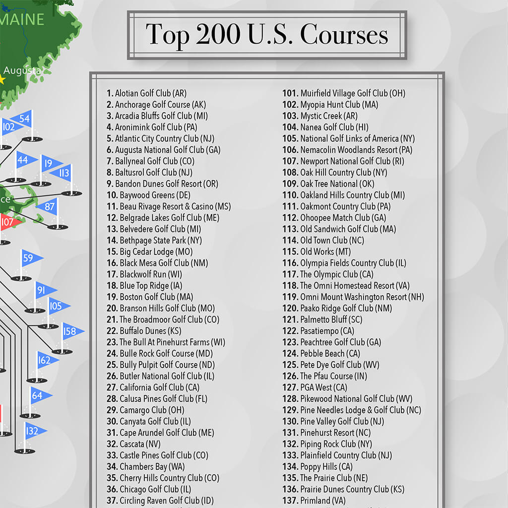 Closeup of Golf Courses on Top 200 US Golf Courses Map