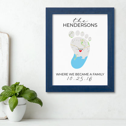 Baby Footprint Nursery Map Art in Carnival Blue Frame